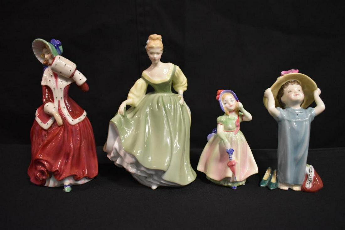 Group Of Royal Doulton Figurines: Group Of Royal Doulton Figurines. Total of 4 figurines in the group. Consists of Christmas Morn. Stands 7 1/2" tall. Fair Lady. Stands 8" tall. Make Believe. Stands 6 1/2" tall. Barbie. Stands 5" tall
