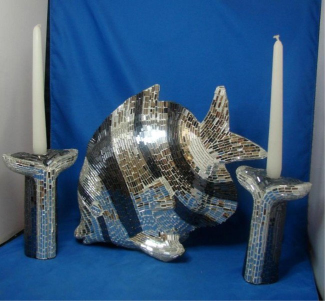 Jobi Mirrored Centerpiece Fish & Candlesticks: Jobi Mirrored Fish & Candlesticks, marked hand made in Brazil by the artist Jobi; fish is 11" tall; candle sticks are 7" tall.
