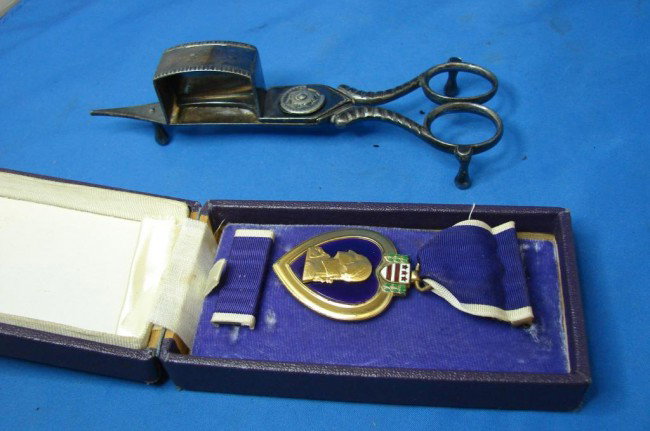 Vintage Military Purple Heart, Snuffer Scissors: Vintage military purple heart in original box, not inscribed on back, assorted military pins, and a candle snuffer scissors.