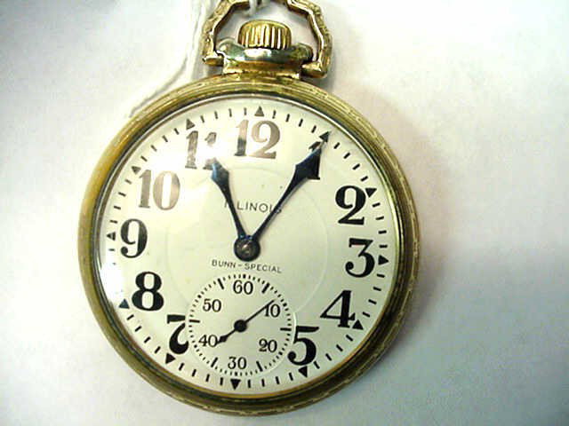 Illinois "Bunn Special" pocket watch 1928: Illinois open face pocket watch "Bunn Special" 10k gold filled, 21 jewel motor barrel, 6 position, white dial and second hand and in good running condition.