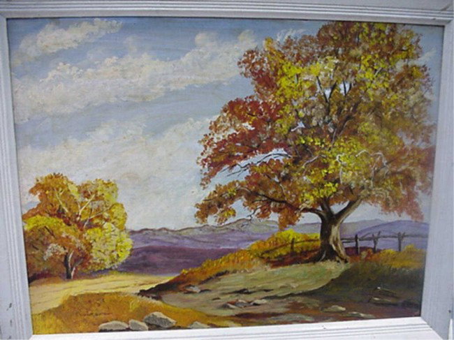 18X24 oil on masonite by artist R. Emmett Owen: 18X24 oil on masonite by artist Robert Emmett Owen of a country autumn scene, Owen known for his seasonal landscape,genre and illustration lived in new York and died in 1957.
