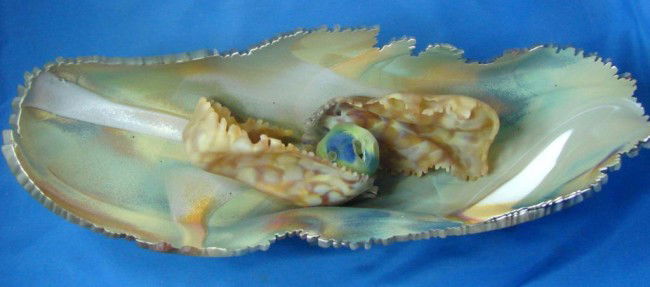 Hand blown & carved Glass Sculpture by R. Ryan: Hand blown and carved unique glass sculpture bowl by glass artist, Richard Ryan, of City Art Gallery, 17" l x 4" h. Piece can be displayed on a table or hung as wall art, bracket included. Excellent c