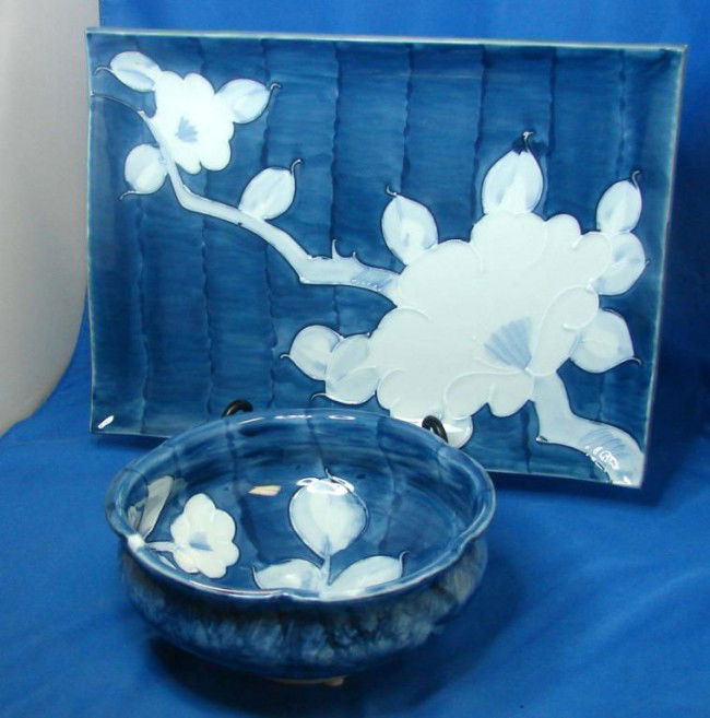 Fine Japanese Porcelain Tray & Bowl - Blue & White: Beautifully glazed porcelain tray 13" x 10" and matching bowl, 7" dia., decorated with white cherry blossoms on a deep blue background. Mark on back. No chips or cracks.