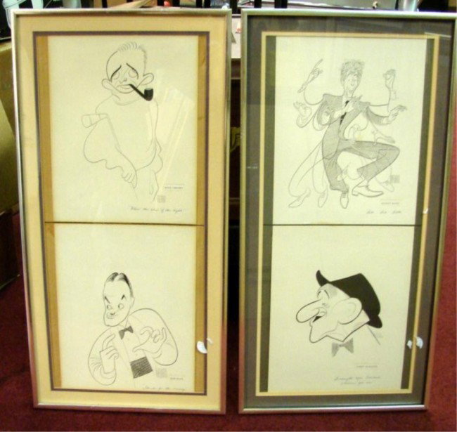 Caricatures by Hirshfeld: Hope, Durante, Crosby: Framed & Matted Caricatures by Hirshfeld, 2 in each frame, Bob Hope & Bing Crosby and Danny Kaye & Jimmy Durante, 12" x 24" each.
