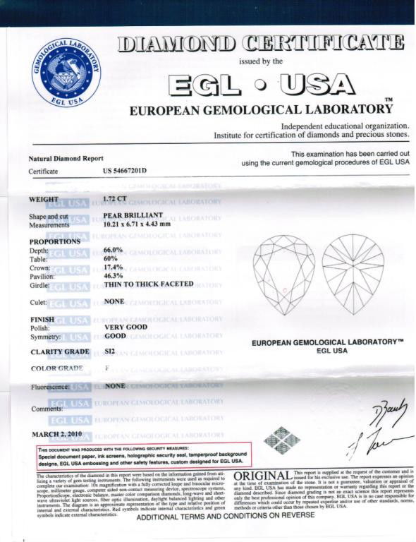 Loose 1.72ct pear diamond F/SI2 EGL: Loose 1.72ct pear shaped diamond clarity SI2 and F color. EGL certified.