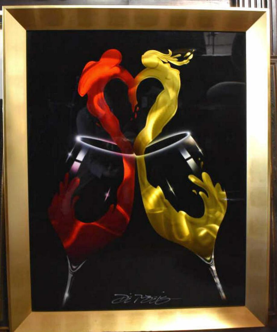 Multi Media by Chris Derubeis (American 1978-): Multi Media by Chris Derubeis (American 1978-). "Opposites Attract", paint and airbrush on aluminum depicting toasting wine glasses forming a heart, signed lower center, in a two tone gold frame, 31 1