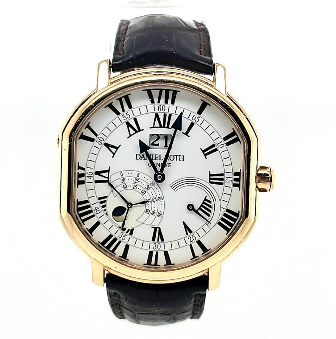 18kt rose gold Daniel Roth Athys III Watch: Men's 18kt rose gold Daniel Roth "Athys III" automatic watch, model # 110.Y.50.101.CB.BA, featuring a white roman numeral dial with sub-dials, blued steel arrow hands, sapphire crystal, automatic move