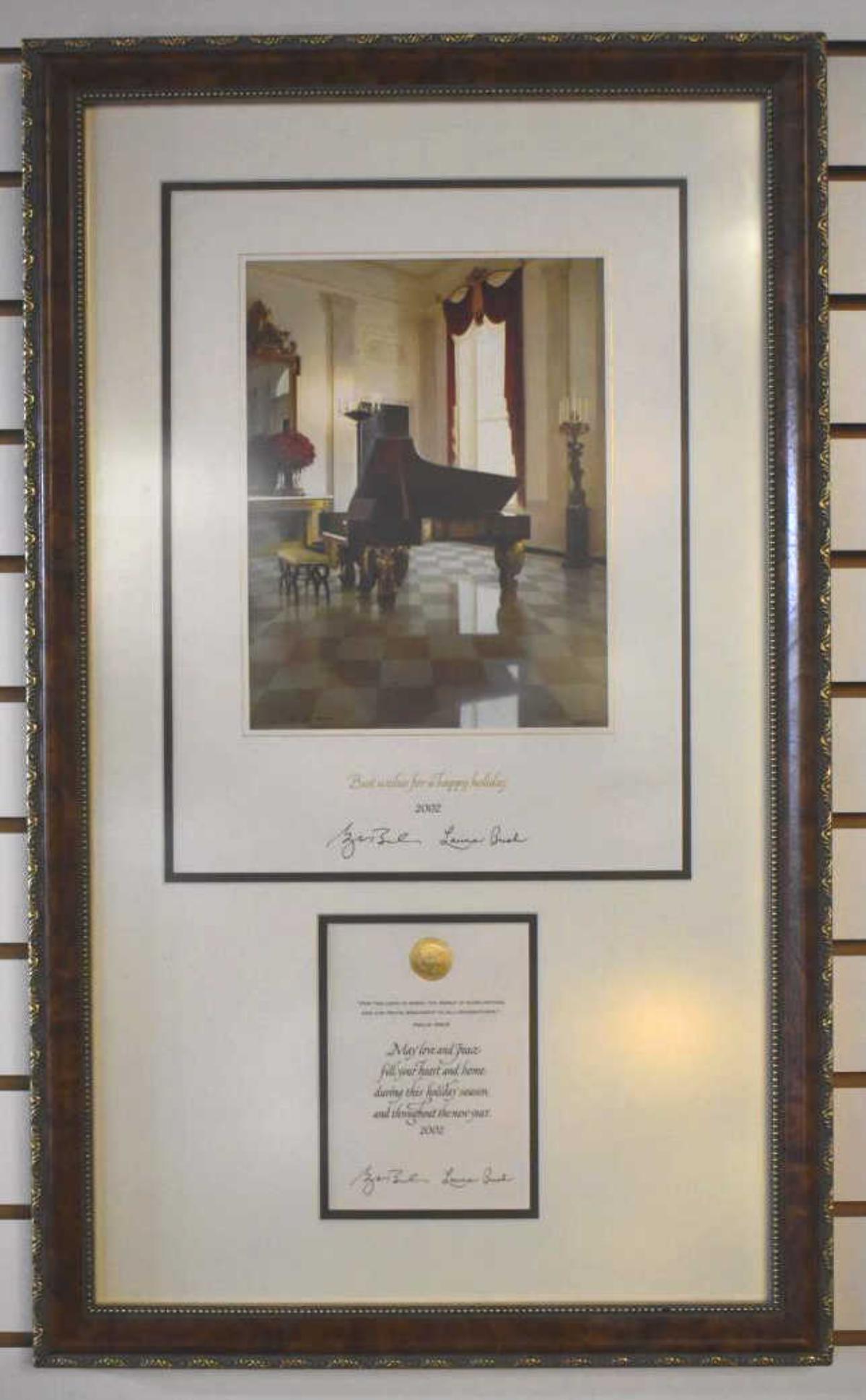 2002 Greeting Card For President & Mrs. Bush: 2002 Greeting Card For President & Mrs. Bush. Ornate frame. Features the 1938 Steinway piano in the grand foyer of the White House. The artist is Zhen-Huan Lu. Frame measures 30 1/2"x18 1/2". With thi
