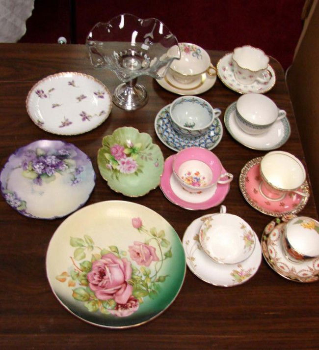 Limoges Plates, Porcelain cups & saucers, sterling: Box lot consisting of 4 hand painted plates - 2 are Limoges, 8 sets of fine porcelain tea cups & saucers, made in England, a crystal ruffled dish set in a weighted sterling silver bottom, which can al