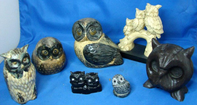 Box lot of 7 Owl Figurines & 3 Framed Butterflies: Box lot of 7 owl figurines including two owls on a log by Santini, made in Italy, and a pair of black owls made from coal, ranging in size from 2" to 5 1/2", also 3 framed butterflies.