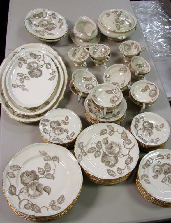 70 pcs. Castleton Dinnerware Gloria - Svc. for 8 +: 70 pieces of Castleton Porcelain Fine China: 8 ea. dinner, luncheon, salad & bread plates, 8 cream soups w/underplates, 7 cups & saucers, gravy, cov'd tureen, 2 oval veg, 3 platters - 13", 16" & 19". 