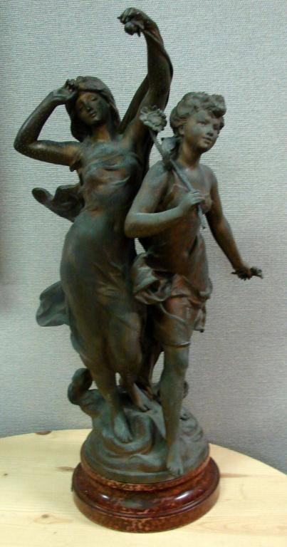 Hippolyte Francois Moreau Nuit & Jour Sculpture: Vintage Hippolyte Francois Moreau Sculpture, Nuit & Jour, made from spelter, 24" high.