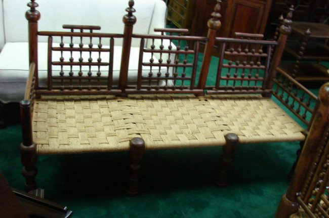 Vintage Rosewood Settee with Woven Jute Seat: Vintage Shesham wood, aka Indian Rosewood, Settee with Woven Jute Seat, 68" l x 24" deep x 41" to top of finial. Purch. in Lyallpur, Pakistan, c 1970.