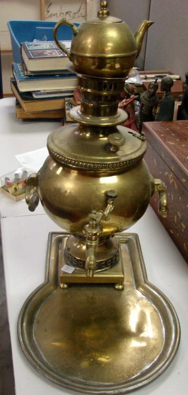 Antique Brass Samovar, probably Russian late 19thC: Antique brass samovar, probably Russian, made in the late 19th century, not marked; 18" high, without teapot on top; has been tinned inside so it can be used for coffee. Tray is 18" l x 12.5" wide.