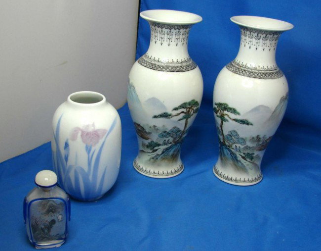 Pair Chinese Vases, hand painted snuff bottle, ++: Pair of Chinese Vases marked People's Republic of China, 8" tall, a hand painted glass snuff bottle and a 5" vase with an Iris marked Fukagawa Porcelain; no chips or cracks.