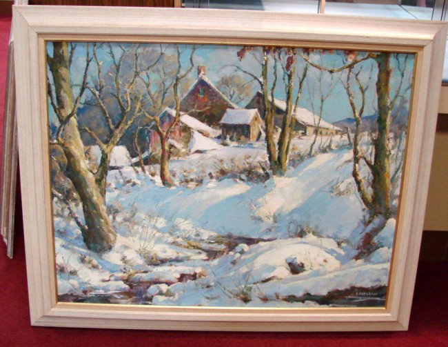 Original Oil of a Snow Scene by Alexander Poplaski: Original Oil of a Snow Scene by Ukrainian born artist, Alexander Poplaski, framed 42" x 34". A noted Colchester, Ct. landscape artist, Poplaski found inspiration locally and throughout nearby Vt, Ma.,