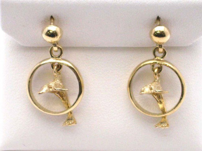 14kyg dolphin drop earrings: 14kyg dolphin earrings 3.6gr dolphin jumping through hoop 1inch drop.