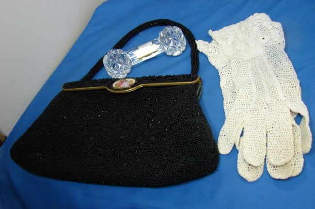 Hand made French Jorelle Bag, Knit Gloves ++: Vintage hand knit lady's gloves, Hand Made in France Jorelle beaded bag, circa 1930-40; and a German crystal knife holder with original sticker.