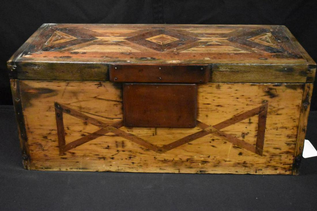 Tool Chest: Tool Chest. Walnut with poplar secondary wood and mixed wood parquetry inlay. Has two interior compartments, wooden front plate and side handles, 11"h. 26 1/4"w. Refinished.