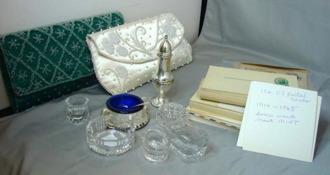 Box lot: 2 hand beaded purses, asst'd salt cellars: Box lot consisting of two hand beaded purses, green and white satin, 6 assorted individual salt cellars, silver plate salt, vintage post cards from 1914-65, some used, most mint.