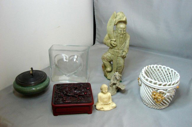 Lot: Soapstone fig., Kosta Boda vase, miniatures: Box lot consisting of a Kosta Boda heart vase 4" t, ornamental box, green cov'd bowl, Italian porcelain basket, soapstone figurine (chipped), 3 silver plate serving pieces, and 2 miniature figurines.
