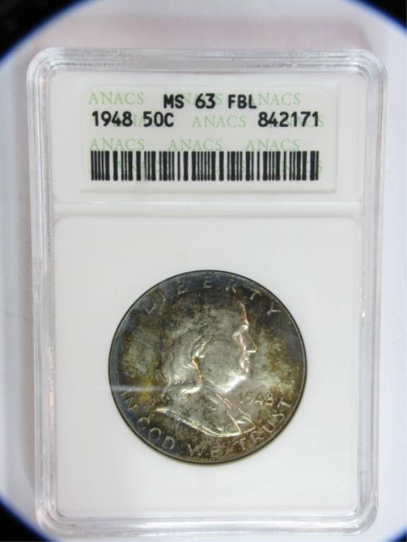 1948 Franklin Half Dollar ANACS MS63 FBL Dark: 1948 Franklin Half Dollar ANACS MS63 FBL Dark
