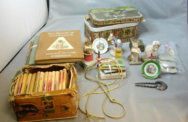 Lot of Vintage Beatrix Potter Books, figurines+: Lot of 4 Beatrix Potter Books, circa 1938, much loved and read, and 13 Tiny Golden Books, 4 figurines, 5 tiny books, 2 plates.