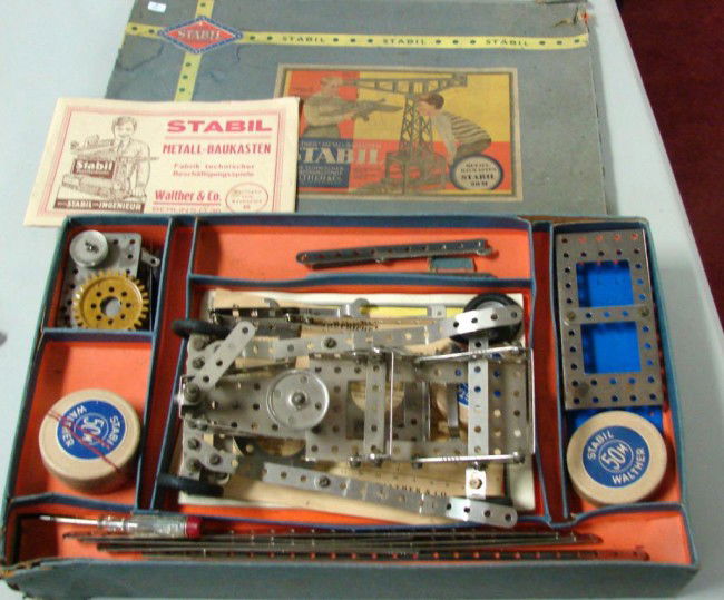Vintage 1950's Stabil German Erector Set: Vintage 1950's Stabil German Erector Set, original box, quite worn.