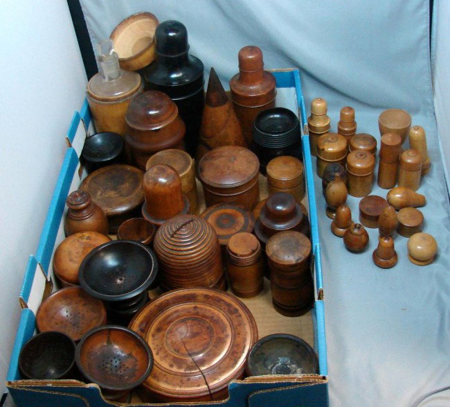 Lot of 47 Antique Wood Medicine Pill Boxes: Lot of 47 antique turned wood medicine or pharmaceutical boxes, jars or containers, tallest is 8" and has glass insert. Smallest pill box is 1". Round box 5.25" dia. has crack in lid. Tortoise shell c