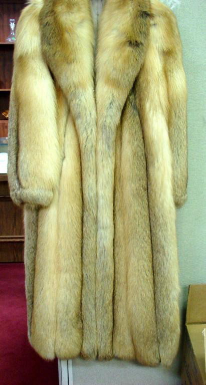 Full Length Red Fox Coat 48" long: Full length red fox coat, satin lining; 48" long, arm length 23", width across back 21", bottom width 47".