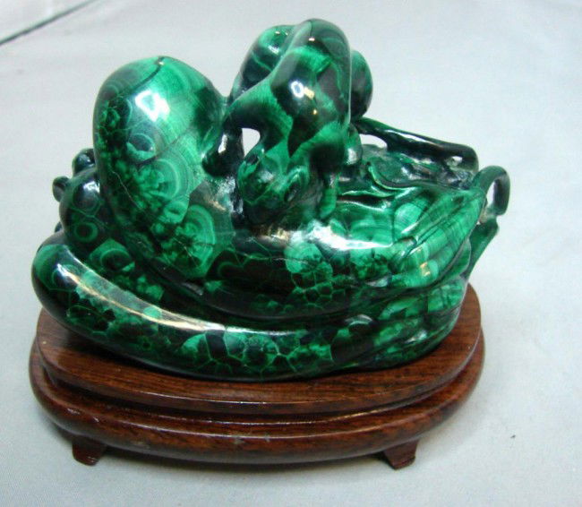 Chinese Malachite Figurine - Rat Eating Squash: Chinese Malachite Figurine, looks like a rat with a long tail eating a squash; small animal and a pumpkin are on back of figure. Figure is 3.75" long x 2.5" tall; sits on fitted wooden base. Purch.. i