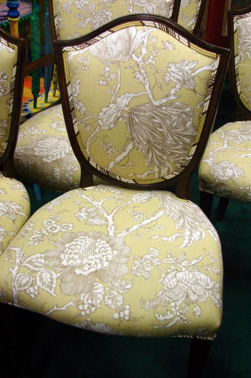 8 Duncan Phyfe Dining Room Chairs new upholstery: 8 Duncan Phyfe Dining Room chairs, 6 are side chairs and 2 arm chairs; all in excellent shape, newly upholstered in a yellow and gray fabric.