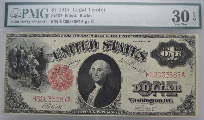 1917 $1 Legal Tender PMG VF30 EPQ: 1917 $1 Legal Tender PMG VF30 EPQ FR# 37 Elliot/ Burke Silver Note H32033687 APP C