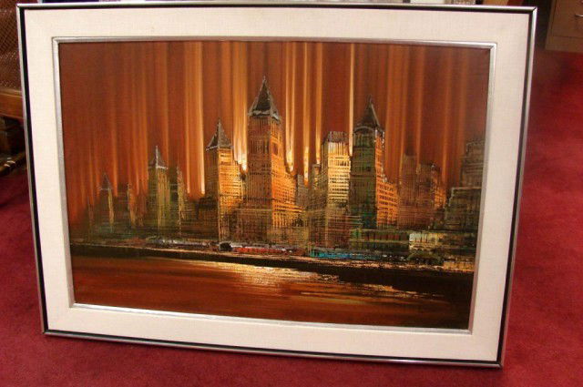 Original Oil on Canvas by L. Antonini "Skyline": Original oil on canvas titled "Skyline" by L. Antonini, a modern painter from Naples, Italy, known for his portrayal of the contours and forms of modern cities. 42" x 30" with COA.