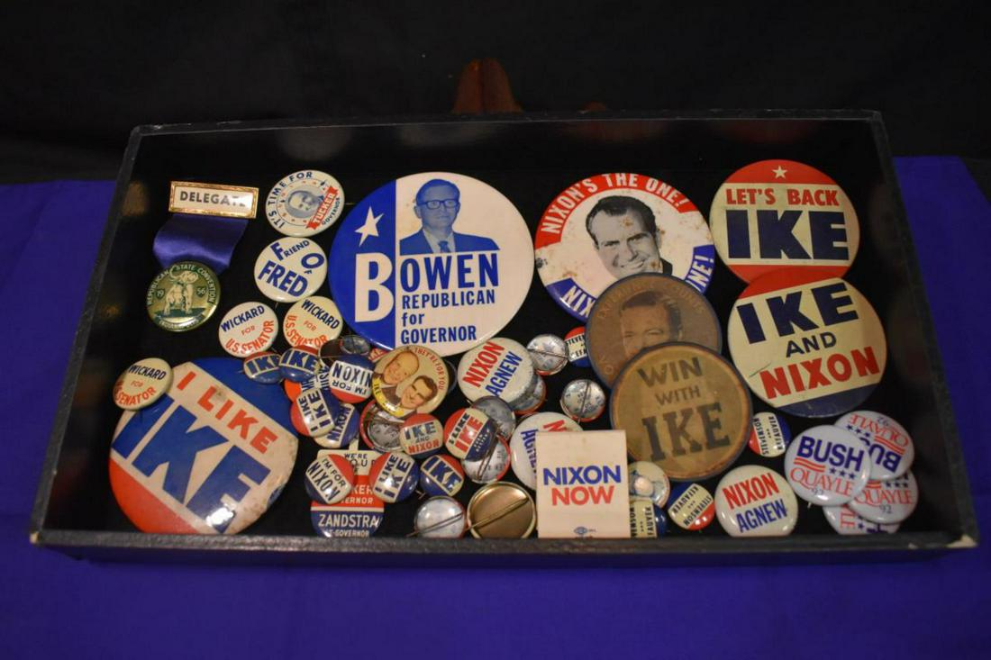 Group Of Political Pins: Group Of Political Pins. Total of 52 pins in the group. Consists of Bowen Republican for Governor. Wickard For U.S. Senator. It's Time For Tucker Governor. I Like Ike. Bush Quayle 92. Stevenson And Ke