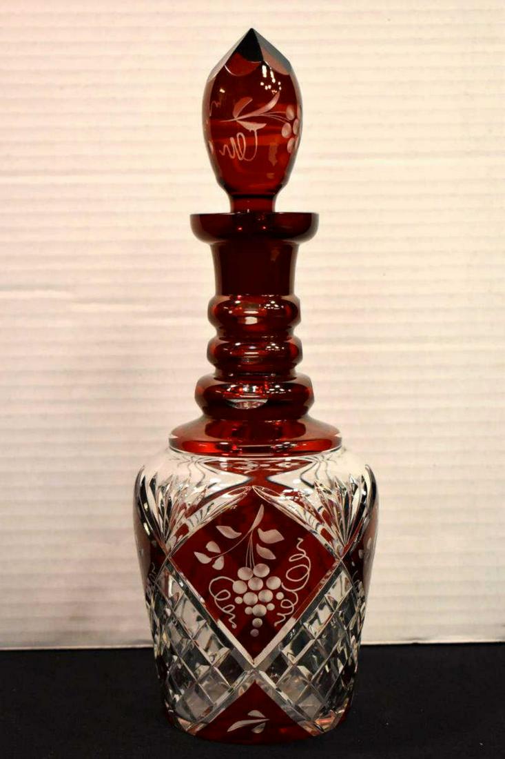 Red Cut to Clear Crystal Decanter With Stopper (1 of 5)