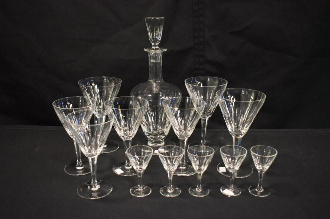 Treasure Chest Crystal Decanter & Glasses: Treasure Chest Crystal Decanter & Glasses. Total of 12 glasses in the group. Consists of 5 cordial glasses measuring 3 1/2" tall. 7 wine glasses measuring 6"-6 3/4" tall. Decanter measures 12 1/2" tal