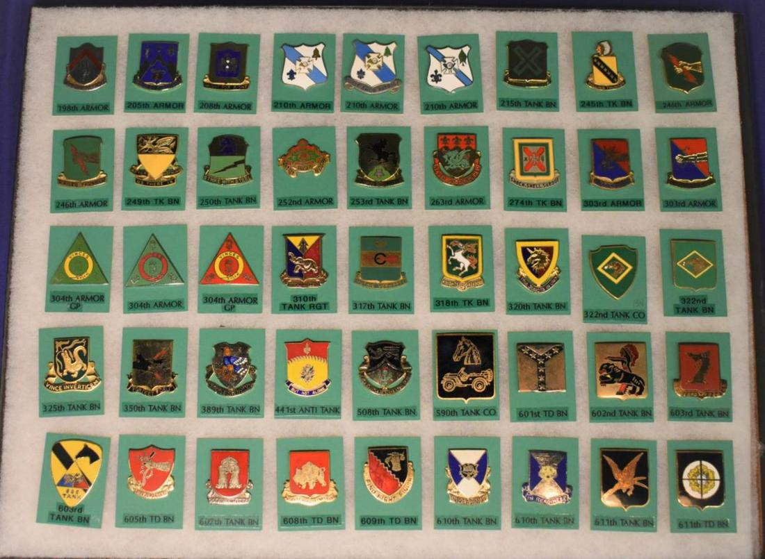 Lot of 45 Military Tank & Armored Insignia Pins: Lot of 45 Military Tank & Armored Insignia Pins, includes 198th Armor to the 611th TD BN. With different variations and crests.