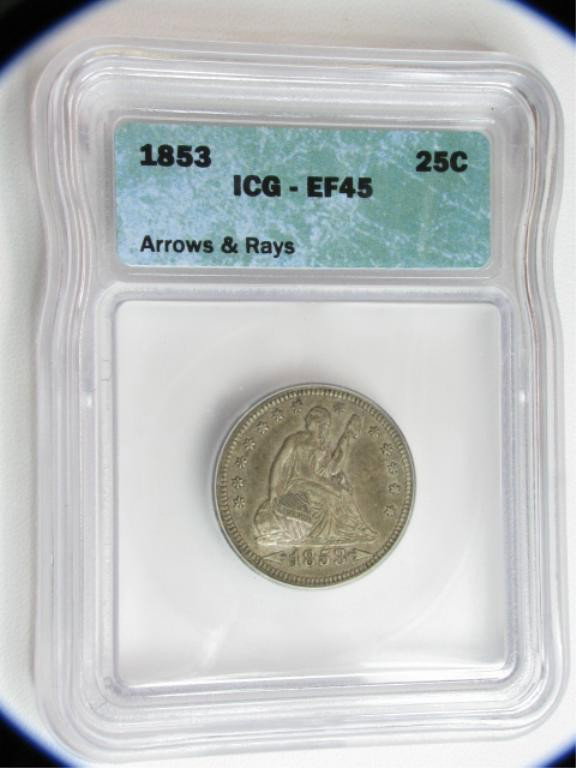 1853 25C Seated Liberty ICG EF45 A/R: 1853 25C Seated Liberty ICG EF45 Arrows & Rays
