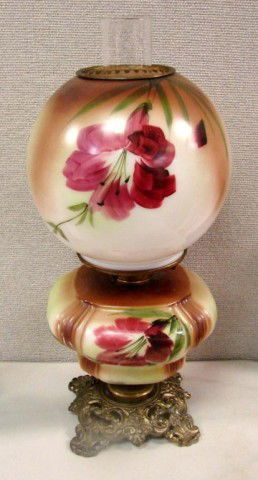 Vintage Globe "Gone with the Wind" Oil Lamp: Vintage hand painted 2 globe oil lamp; no chips or cracks, needs a wick; approx. 16" tall.