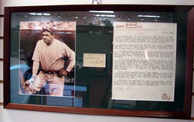 Babe Ruth Autograph, Picture & Nelson Bond Letter: Babe Ruth Autograph, Picture & Nelson Bond Letter. dated 2/1/95 which explains how the autograph was given by Babe Ruth to Bond's wife on the back of her visiting card in Pictou in 1938. Framed - 24"