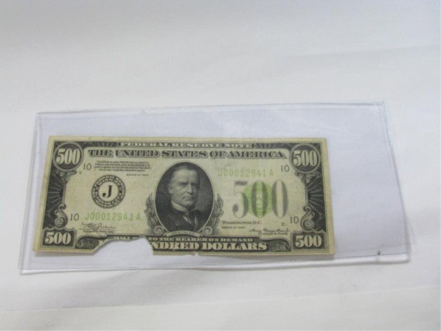 1934 $500 Federal Reserve Note Kansas City: 1934 $500 Federal Reserve Note Kansas City, Missouri S/N J00012941A Cull Rip