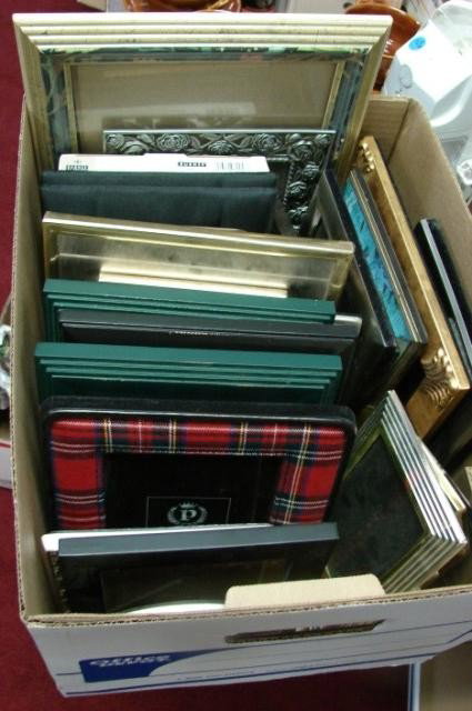 30 Assorted Picture Frames & Back Massager: Lot of approximately 30 assorted size picture frames and a Homedics back massager.