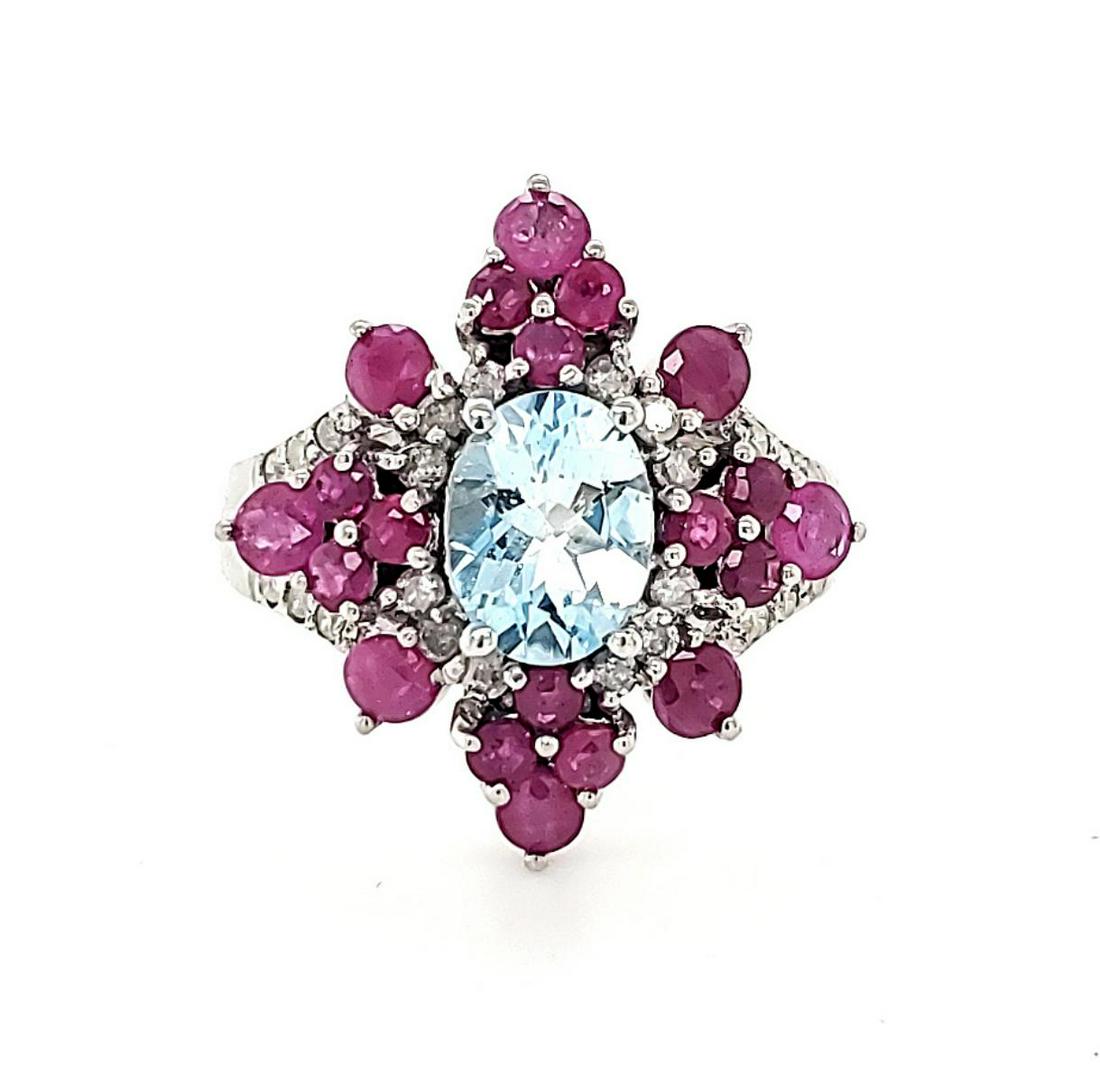 14kt white gold aquamarine, ruby and diamond ring (1 of 6)