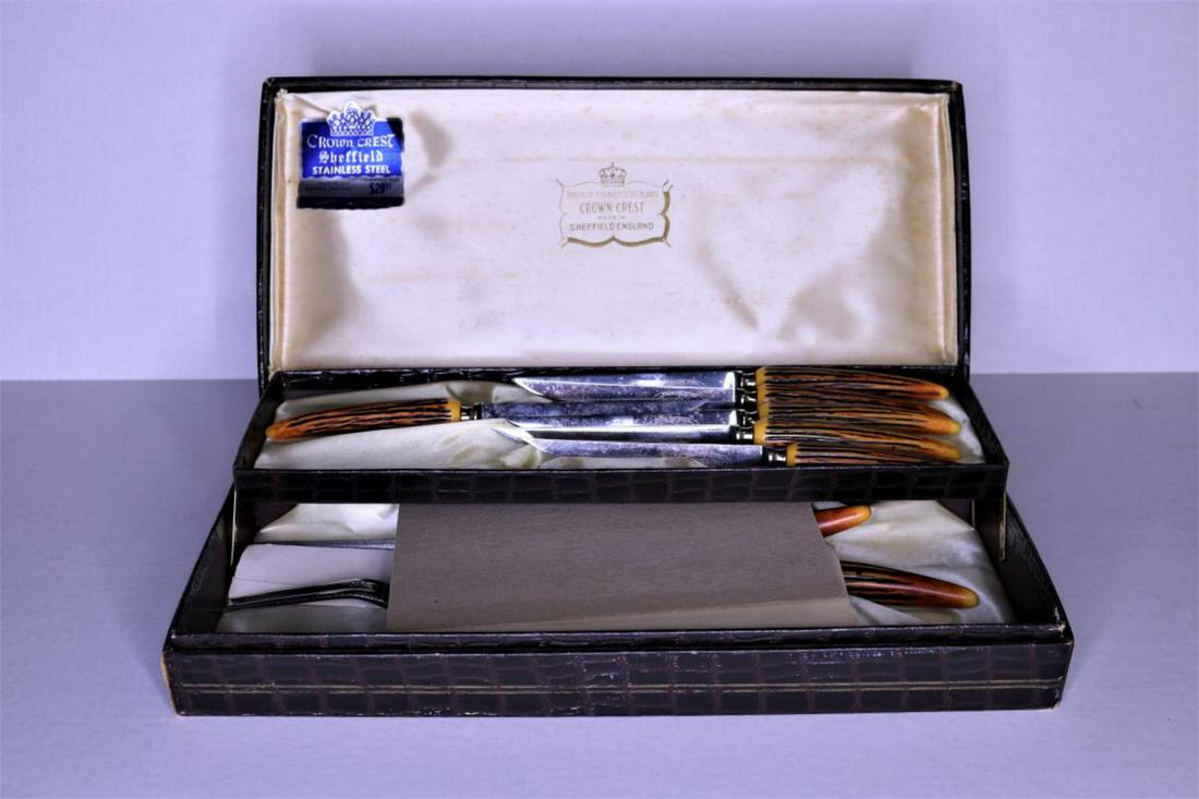 Sheffield Stainless Steel Cutlery: Sheffield Stainless Steel Cutlery. Crown Crest. Made in Sheffield England. Comes with original box and guarantee certificate. Consists of Carving fork measuring 11" in diameter. Steel measuring 12" in