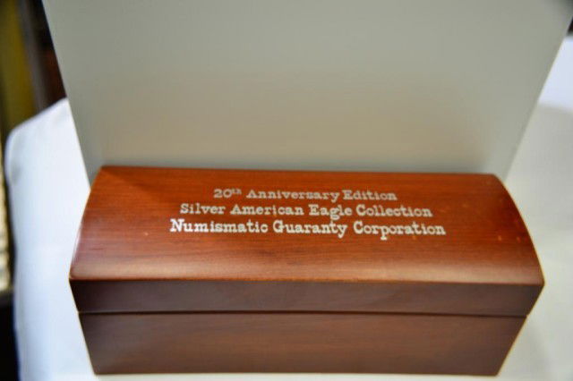 1986-2005 20th Anniversary SAE Coll. NGC MS68: 1986-2005 20th Anniversary Silver American Eagle Collection NGC MS68 Wooden Presentation Case
