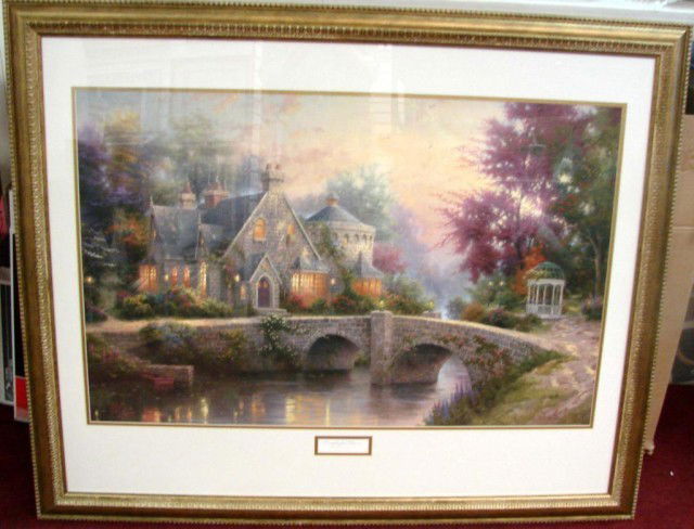 Beautifully Framed Thomas Kinkade Lamplight Lane: Beautifully Framed Thomas Kinkade Lamplight Lane IV, with COA. 855, print size 24" x 36; framed 36.5" x 44"; includes picture light.