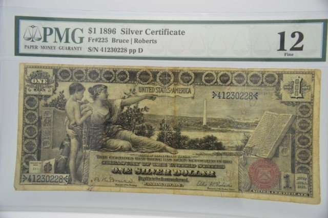 1896 $1 Silver Certificate PMG Fine 12: 1896 $1 Silver Certificate Fr#225 Bruce/Roberts S/N41230228 pp D Paper Money Guaranty Fine 12