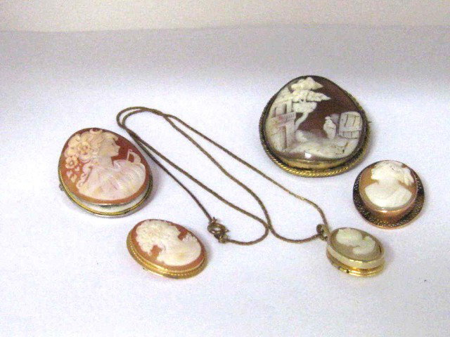 Assorted 5 cameos some gold: Assortment of 5 cameos 1-14ky 5gr,1-800sterling,1-18ky 3.6gr and goldfilled locket.