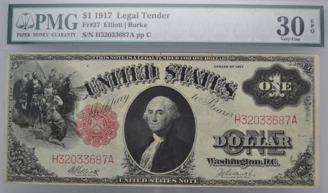 1917 $1 Legal Tender PMG VF30 EPQ: 1917 $1 Legal Tender PMG VF30 EPQ FR# 37 Elliot/ Burke Silver Note H32033687 APP C